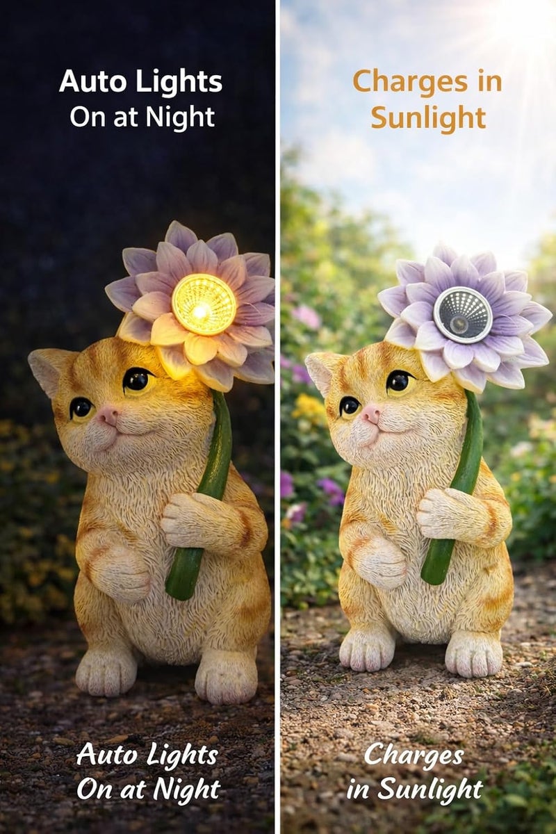 GoGnome Solar Cat Garden Statue with LED Flower for Mom Woman – 6.5‘’ Hand-Painted Resin Outdoor Kitten Figurine, Automatic Night Light, Yard Patio Lawn Decor (Kitten) - Image 2